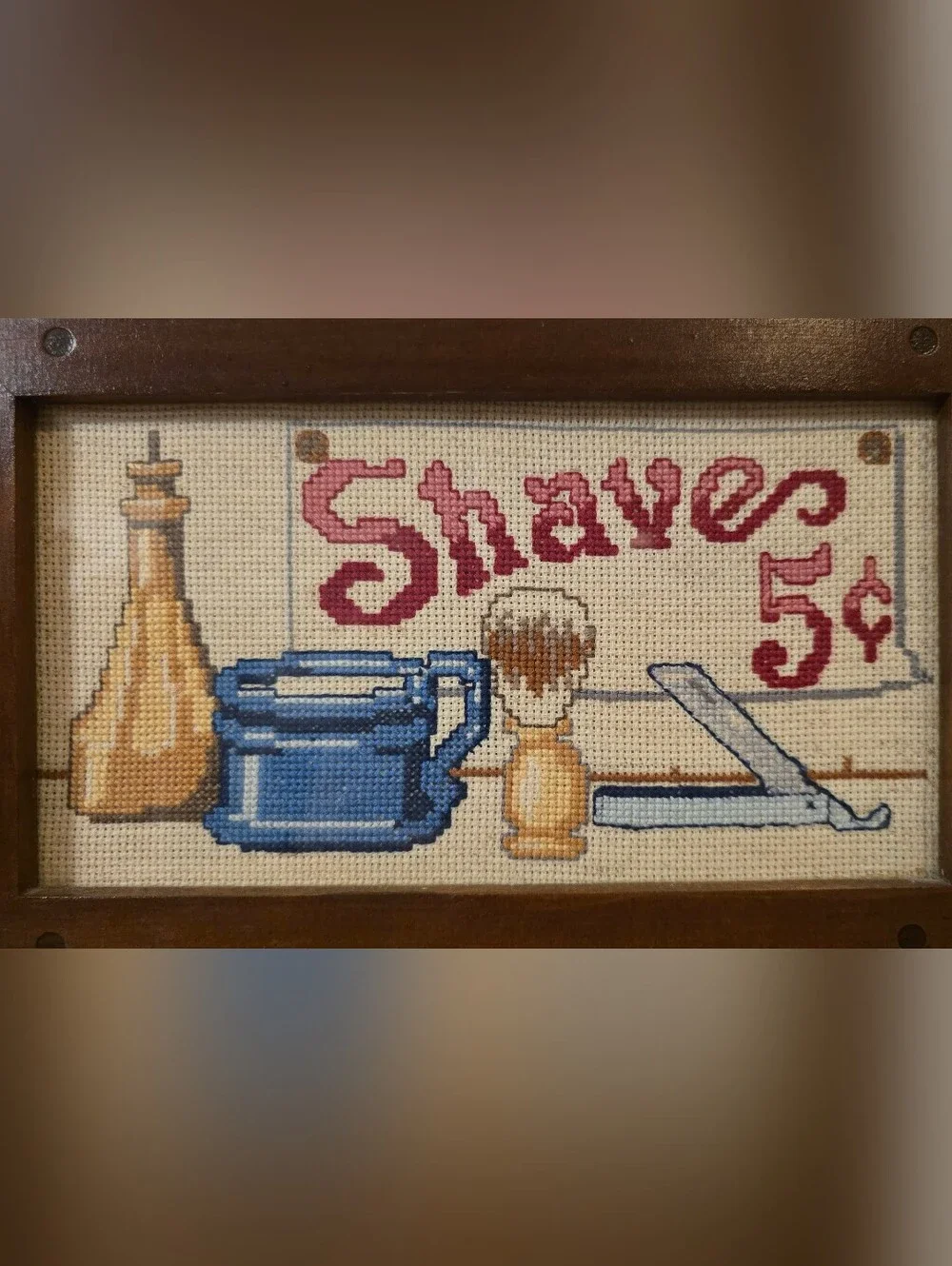 Vintage Needlepoint Shaving Sign Wooden Bathroom Shelf Towel Rack Shaves 5 Cents